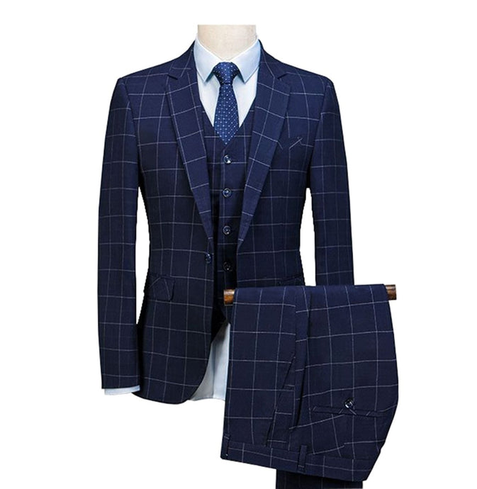 Men's plaid suit 3 Pieces Notched Shawl Lapel Blazer Suit Sets Formal Slim Fit Tuxedos Suit 2019 Royal Blue(Blazer +Vest+Pants)